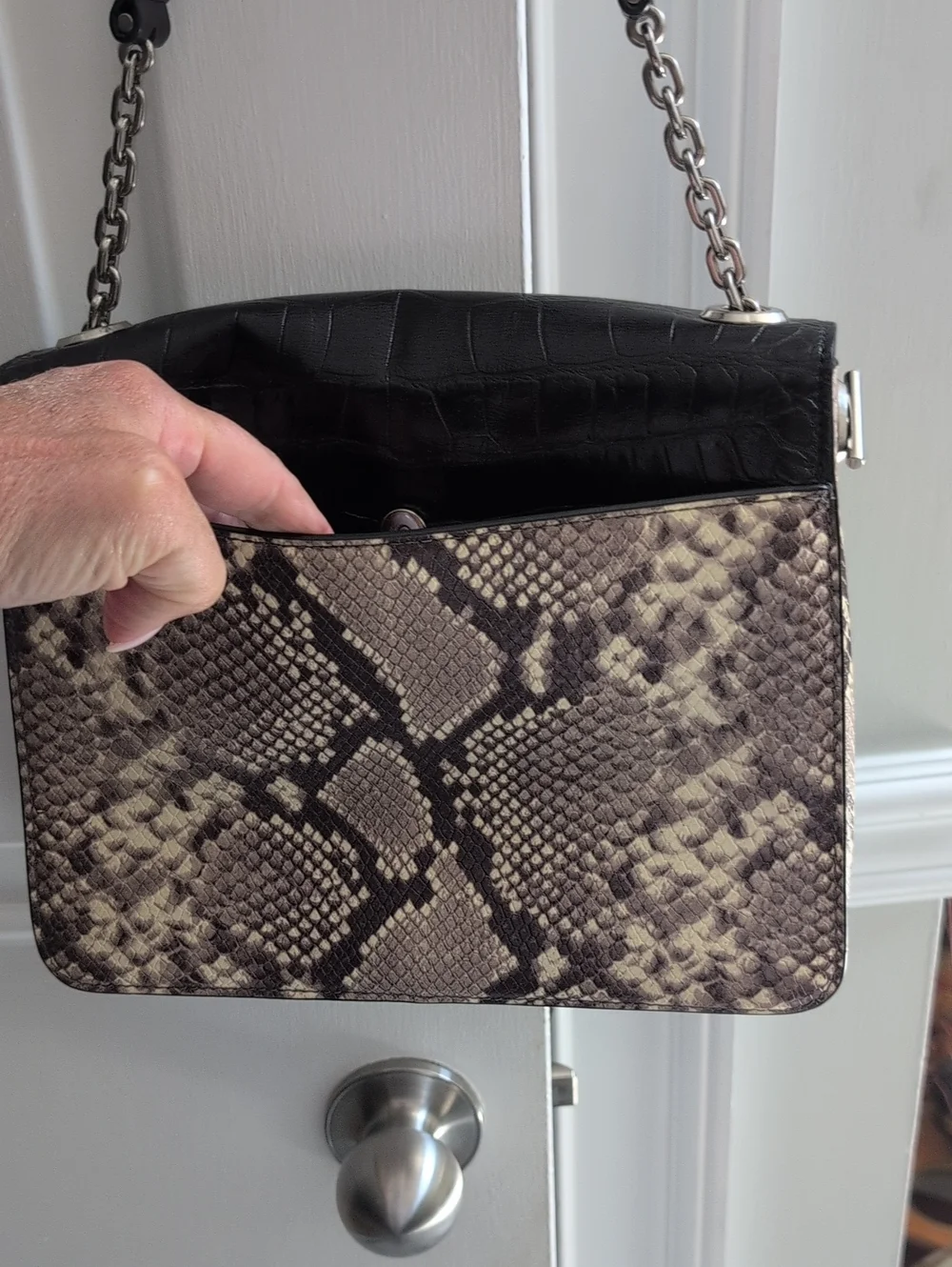 Michael Kors Black Croc Embossed Leather Flap Shoulder Bag with Snake-Print Body